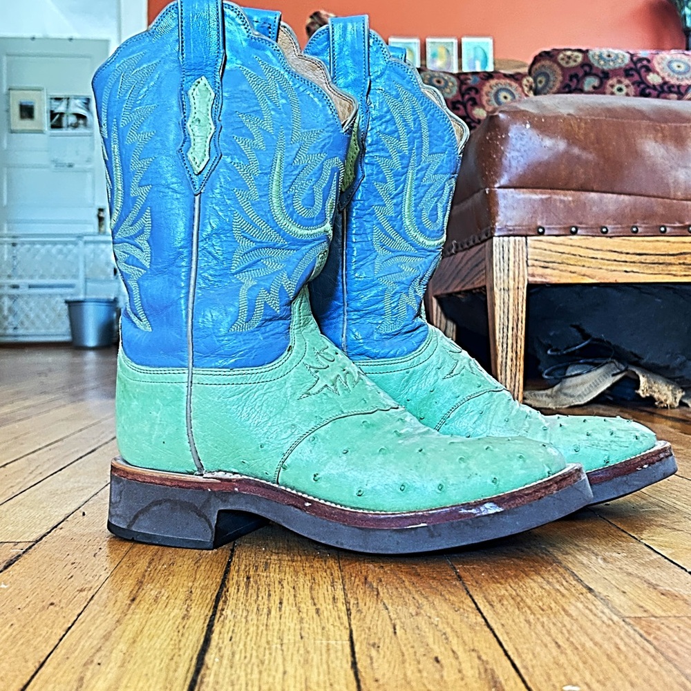 Lucchese Blue and Green Ostrich chunky Heeled Boots